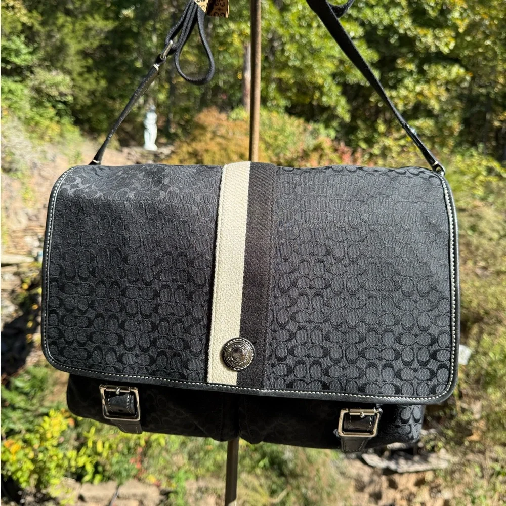 Coach Heritage Stripe Messenger Bag Black Signature Jacquard Crossbody F70077